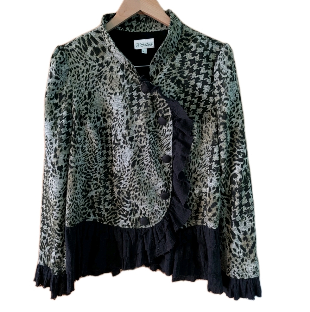 3 Sisters Jacket Knit Button Ruffle Women Size Large Print